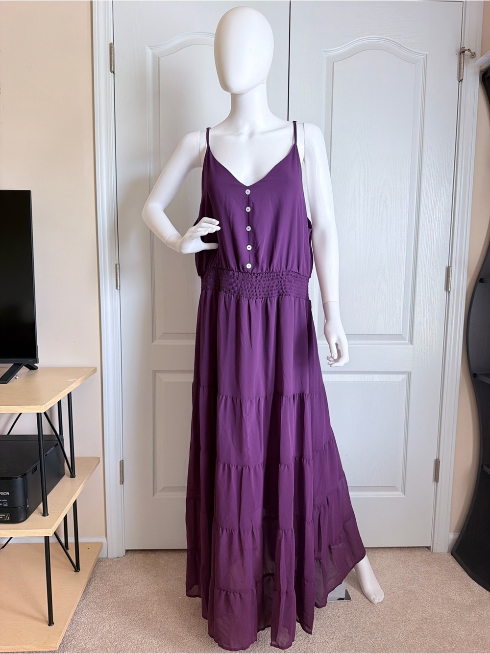 New PrettyGarden Spaghetti Strap Dark Purple V-Neck Maxi Dress Button Front XXL